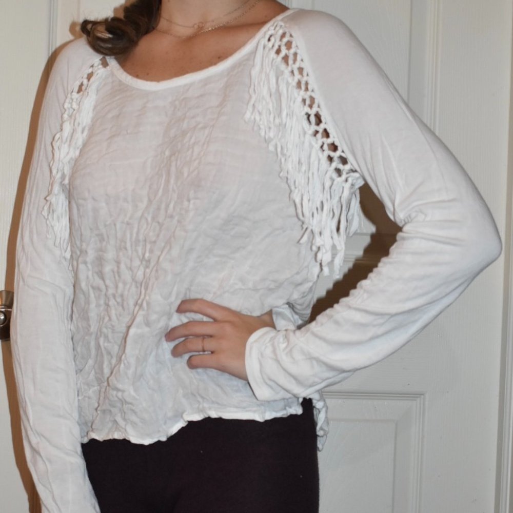 White Frayed Boho Long-sleeve Top